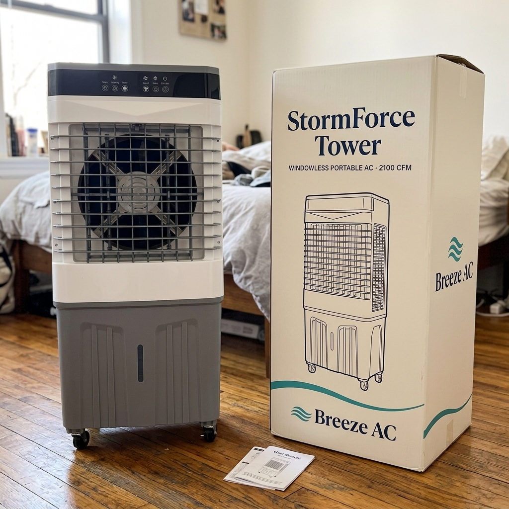 StormForce Tower next to branded Breeze AC retail box