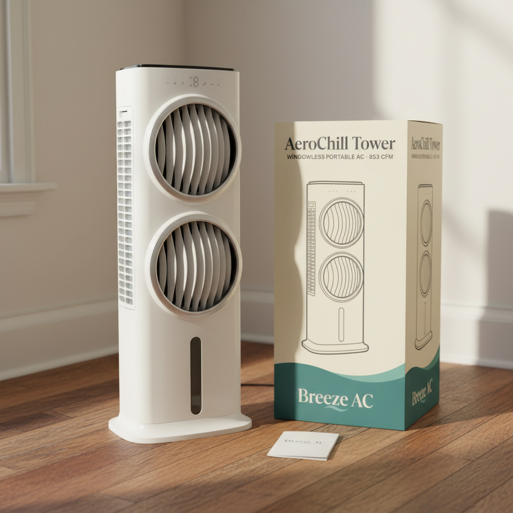 AeroChill Tower next to branded Breeze AC retail box