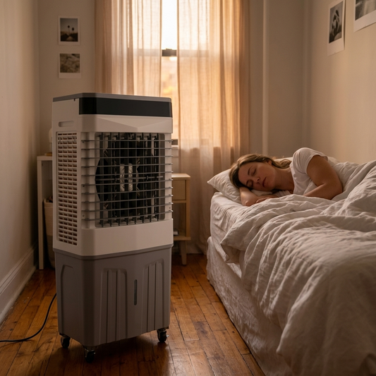 StormForce Tower beside bed in warm apartment bedroom