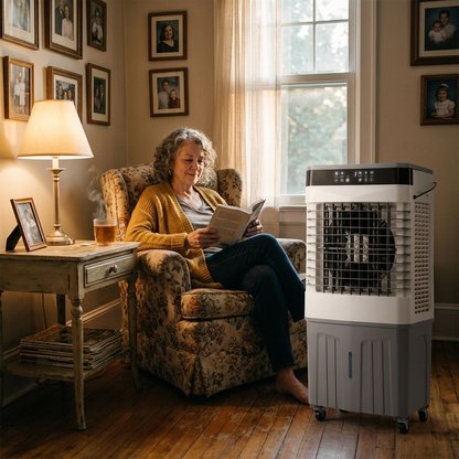 Senior woman reading comfortably with StormForce Tower beside her