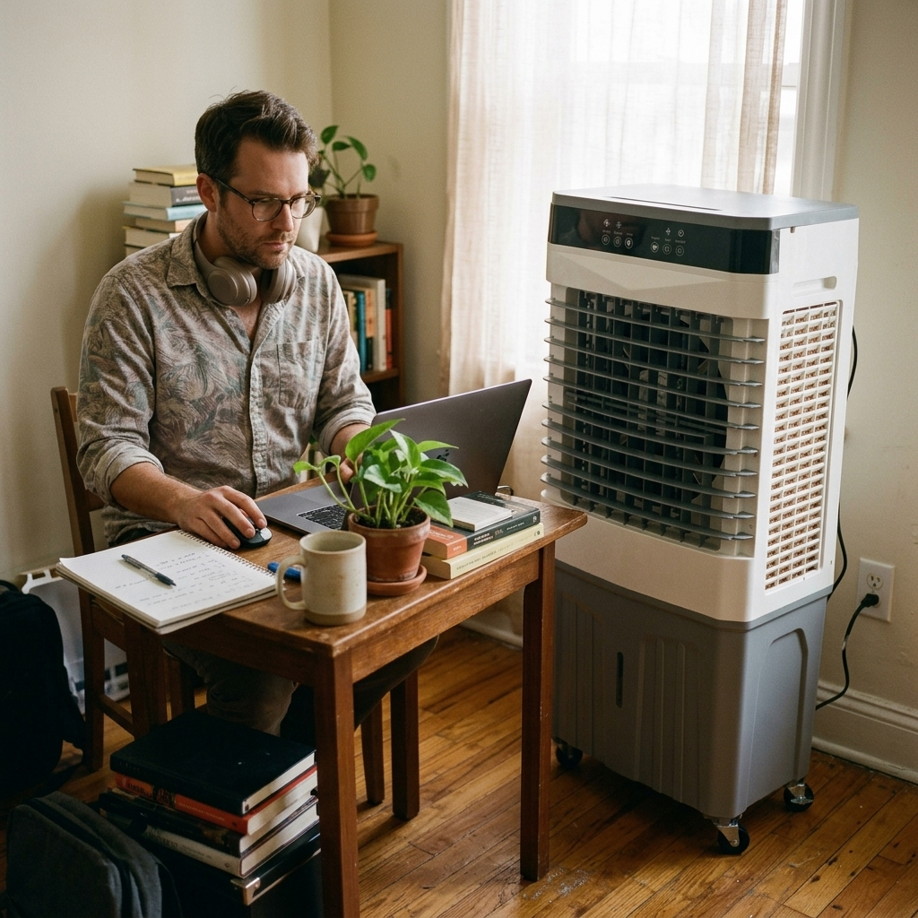 Work-from-home man at desk with StormForce Tower cooling nearby