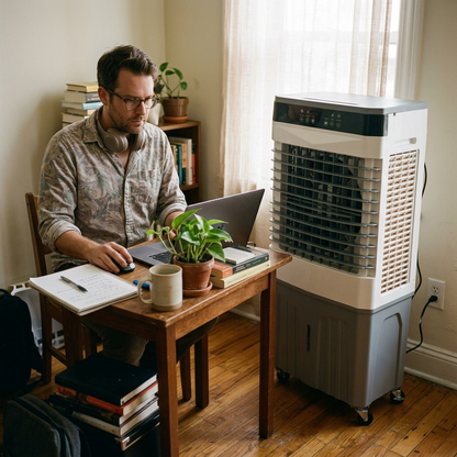 Work-from-home man at desk with StormForce Tower cooling nearby
