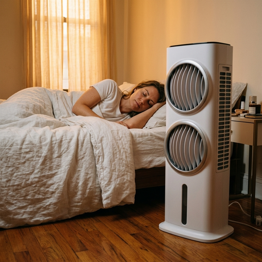 AeroChill Tower beside bed in warm apartment bedroom