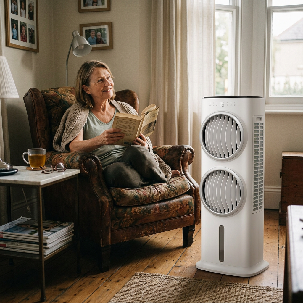 Senior woman reading with AeroChill Tower beside her