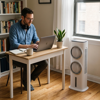 WFH man at desk with AeroChill Tower cooling nearby